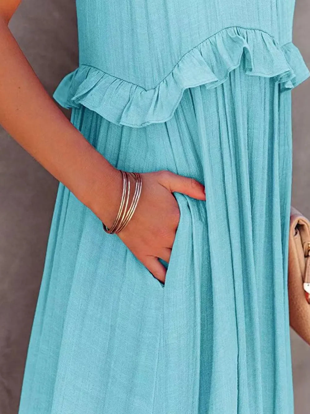 Ruffled Sleeveless Tiered Maxi Dress with Pockets - Velora Luxury Fashion