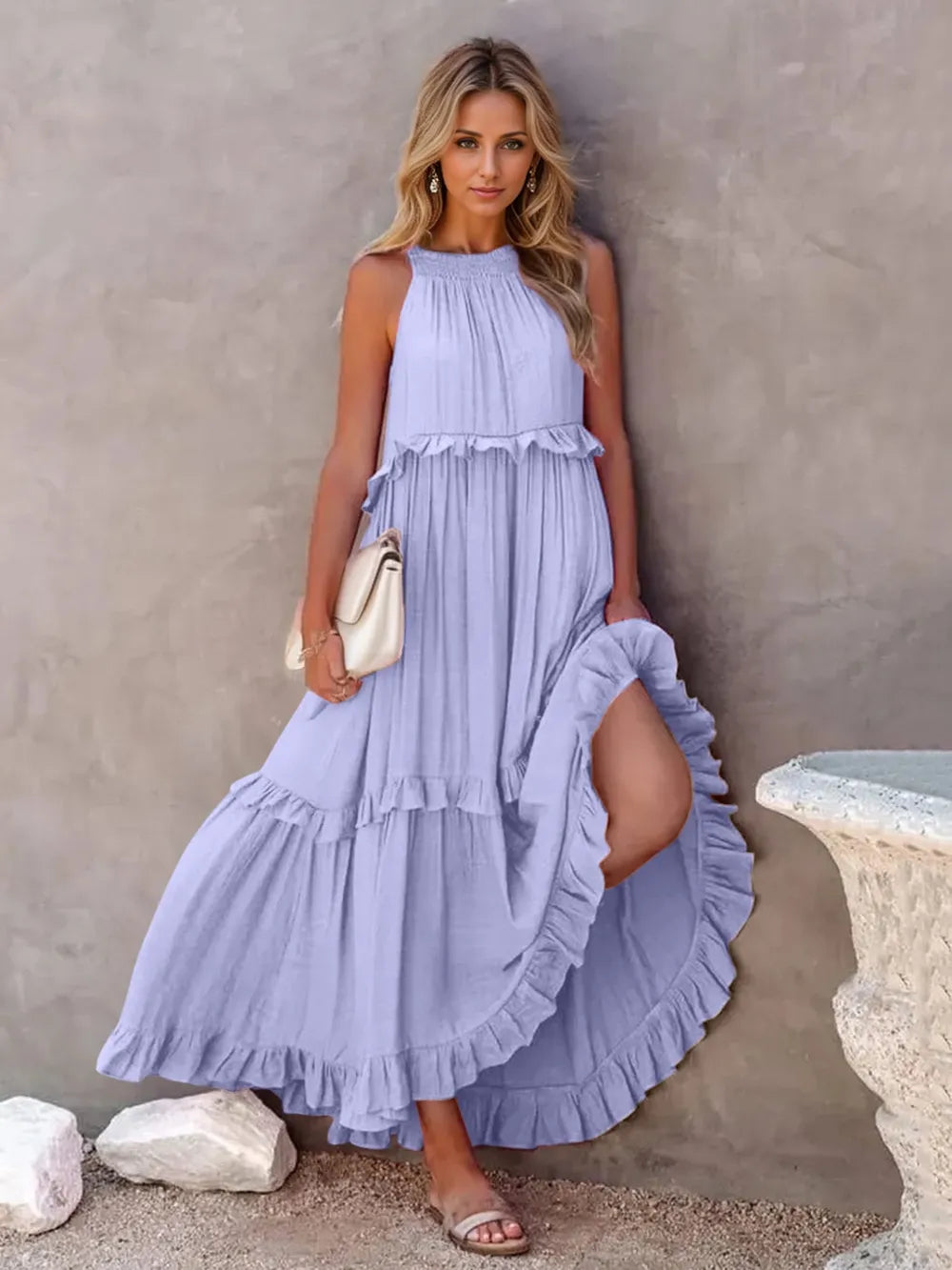 Ruffled Sleeveless Tiered Maxi Dress with Pockets - Velora Luxury Fashion