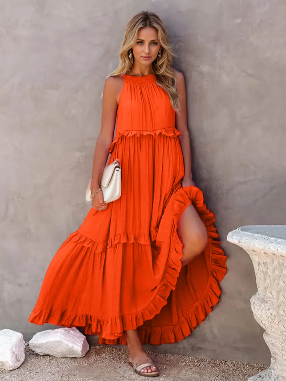 Ruffled Sleeveless Tiered Maxi Dress with Pockets - Velora Luxury Fashion