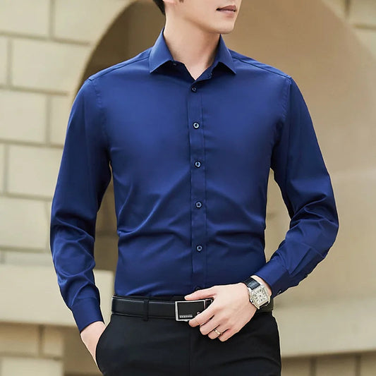 New Plus Size Men Solid Color Business Shirt Fashion Classic Basic Casual Slim White Long Sleeve Shirt Brand Clothes - Velora