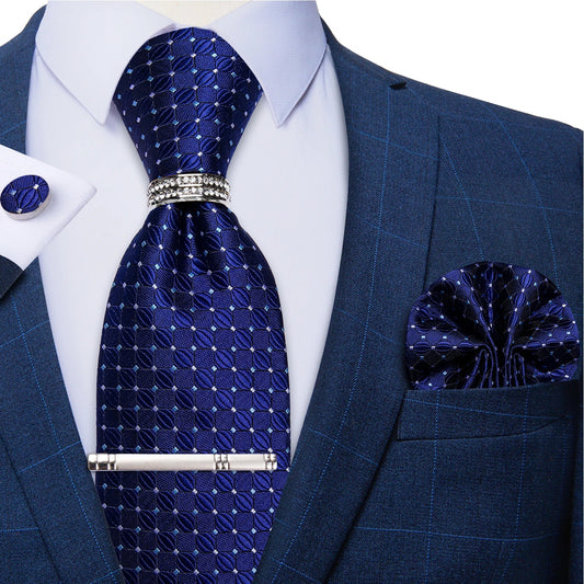 Blue Royal Dot Pliad Mens Tie set with Silver Clip and Ring Business Wedding Party Accessories 8cm Necktie Handkerchief Cufflink Velora