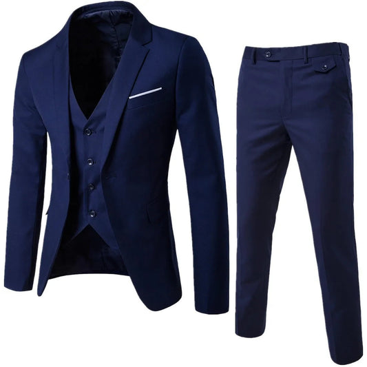 Spring Autumn New Fashion Men's Trendy Slim Business Solid Color 3 Pieces of Suits Sets Single Greasted Blazers Waistcoat Pants Velora
