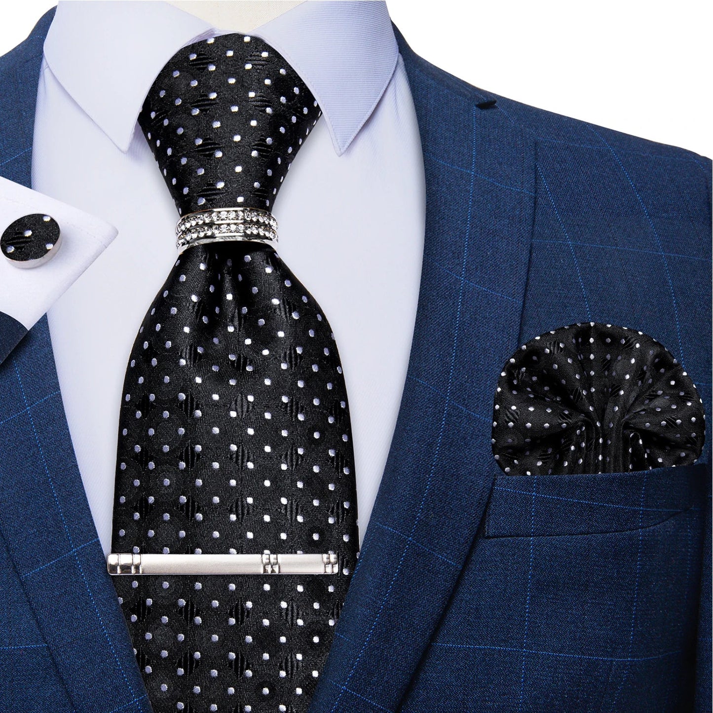 Blue Royal Dot Pliad Mens Tie set with Silver Clip and Ring Business Wedding Party Accessories 8cm Necktie Handkerchief Cufflink Velora