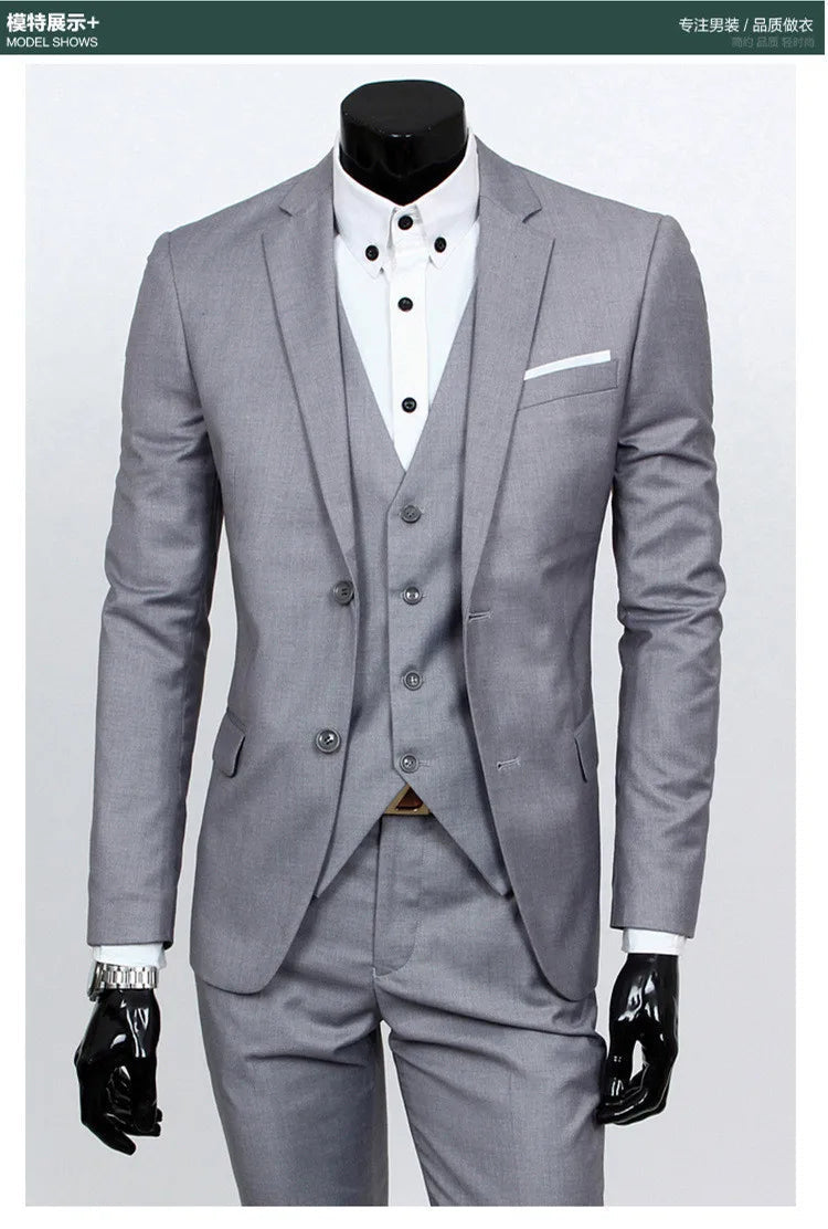 Spring Autumn New Fashion Men's Trendy Slim Business Solid Color 3 Pieces of Suits Sets Single Greasted Blazers Waistcoat Pants Velora