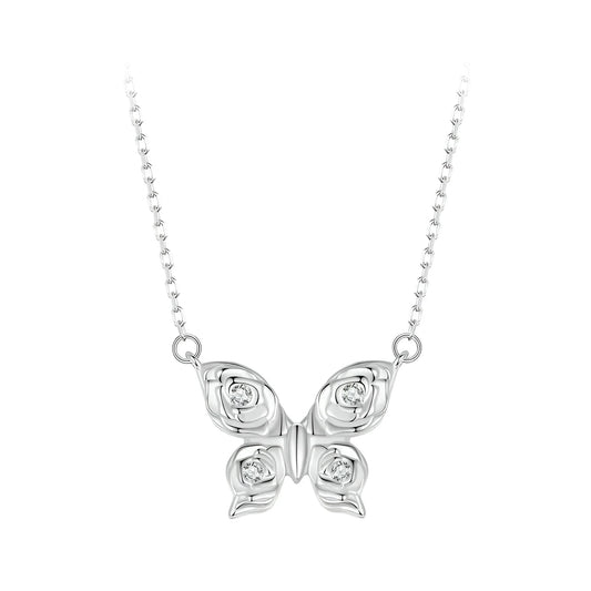 Romantic Elegance: Zircon White Gold Plated Rose Butterfly Sterling Silver Necklace Itz Luxury