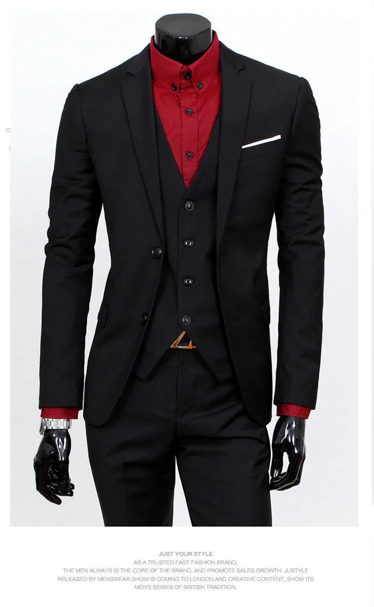 Spring Autumn New Fashion Men's Trendy Slim Business Solid Color 3 Pieces of Suits Sets Single Greasted Blazers Waistcoat Pants Velora