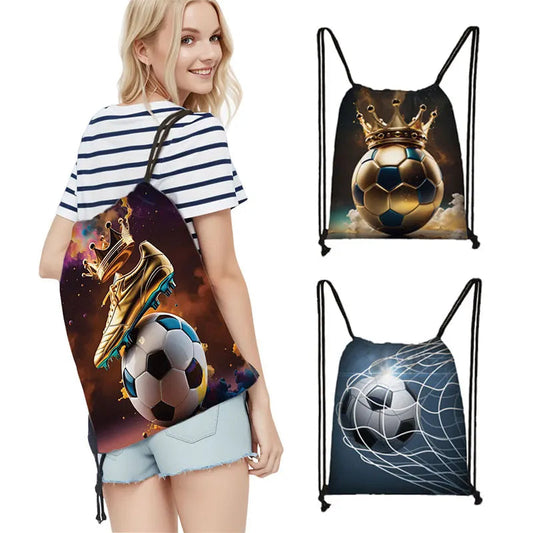 Cool Soccer Ball with Golden Crown Print Drawstring Bag Gym Sport Backpack Football Shoulder Bag for Travel Shoes Holder - Velora