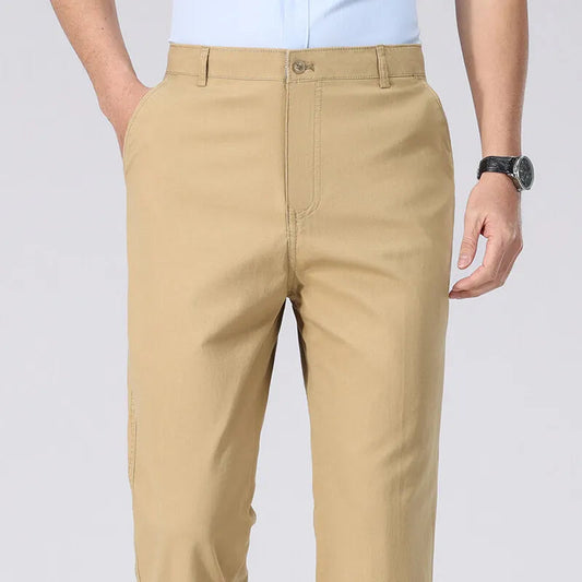 Spring Summer Cotton Suit Pants Men Solid Color Smart Casual Dress Trousers Man Lightweight Zipper Fly Straight Breathable Pants - Velora
