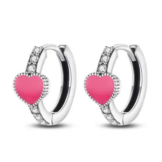 Romantic Pink Heart Sterling Silver Huggie Hoop Earrings With Cubic Zirconia Itz Luxury
