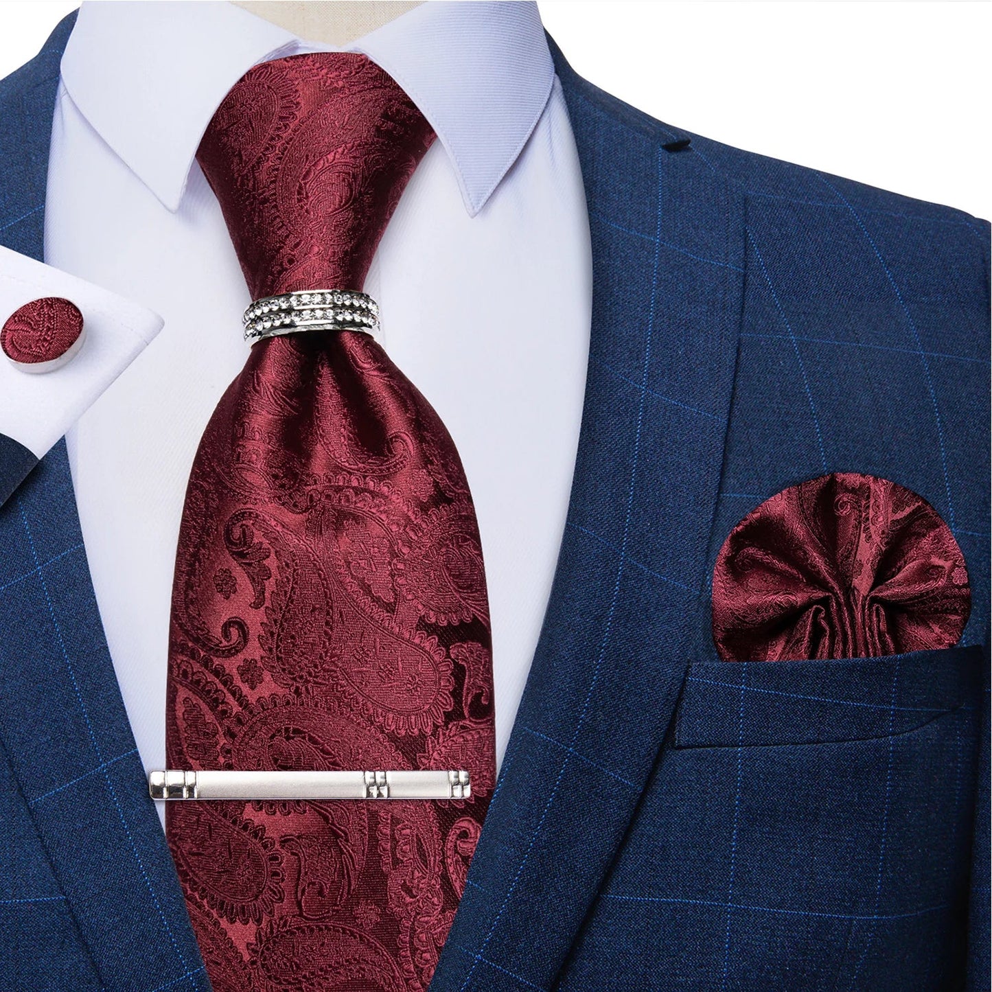 Blue Royal Dot Pliad Mens Tie set with Silver Clip and Ring Business Wedding Party Accessories 8cm Necktie Handkerchief Cufflink Velora
