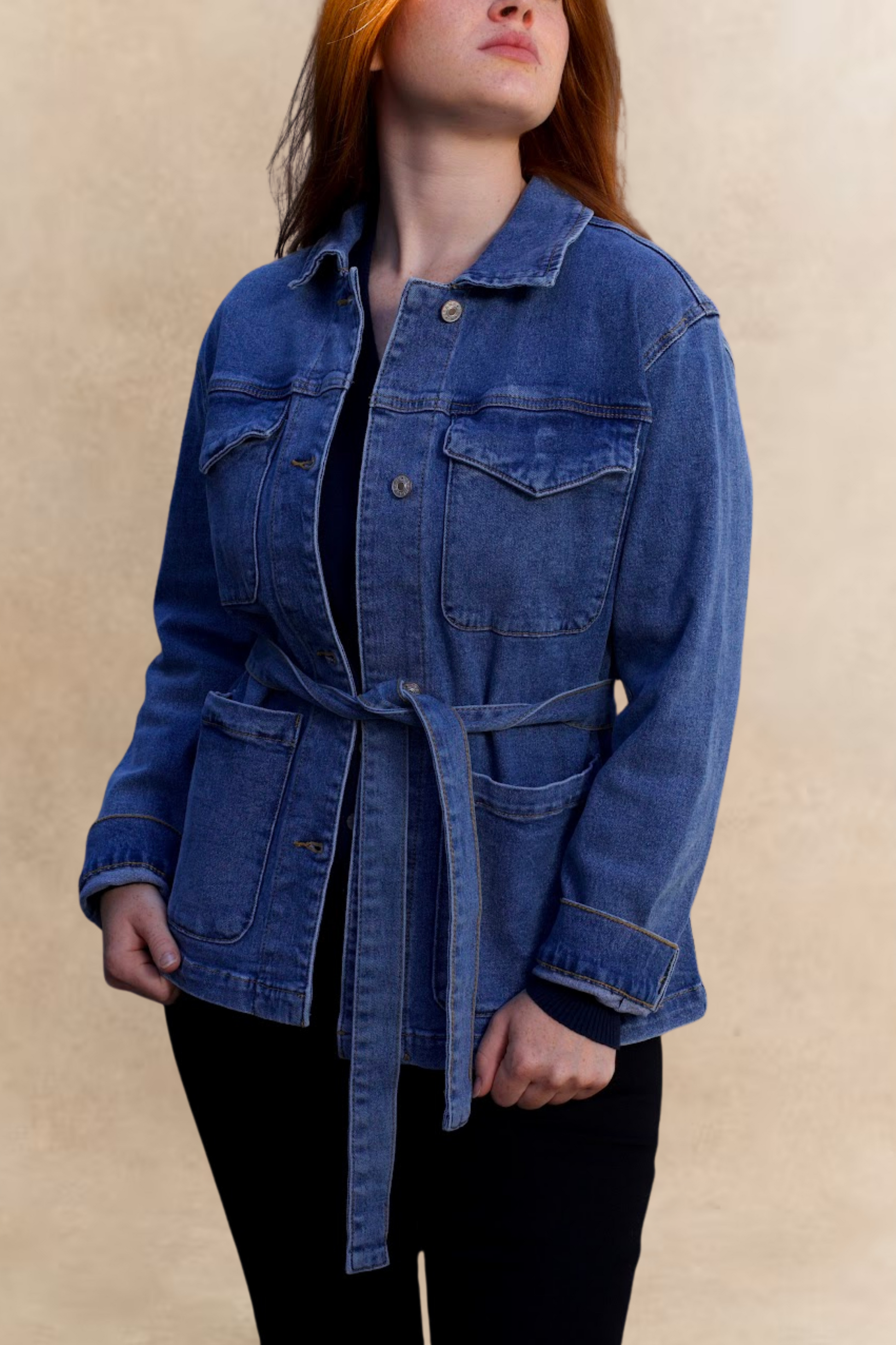 Sabrina Women's Belted Jean Jacquard Jacket With Pockets - Velora Luxury Fashion