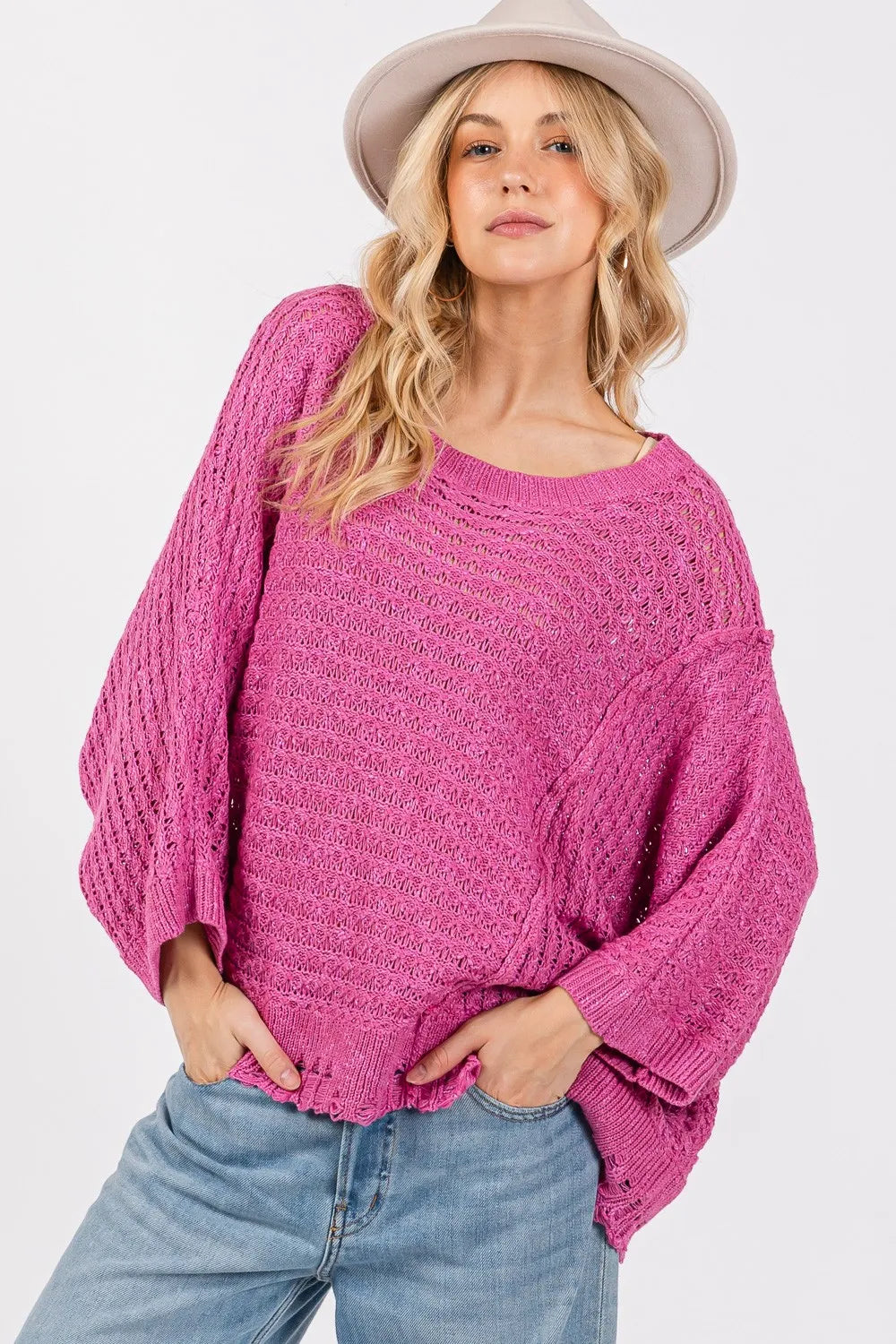 SAGE + FIG Distressed Asymmetrical Open Stitch Sweater - Velora Luxury Fashion