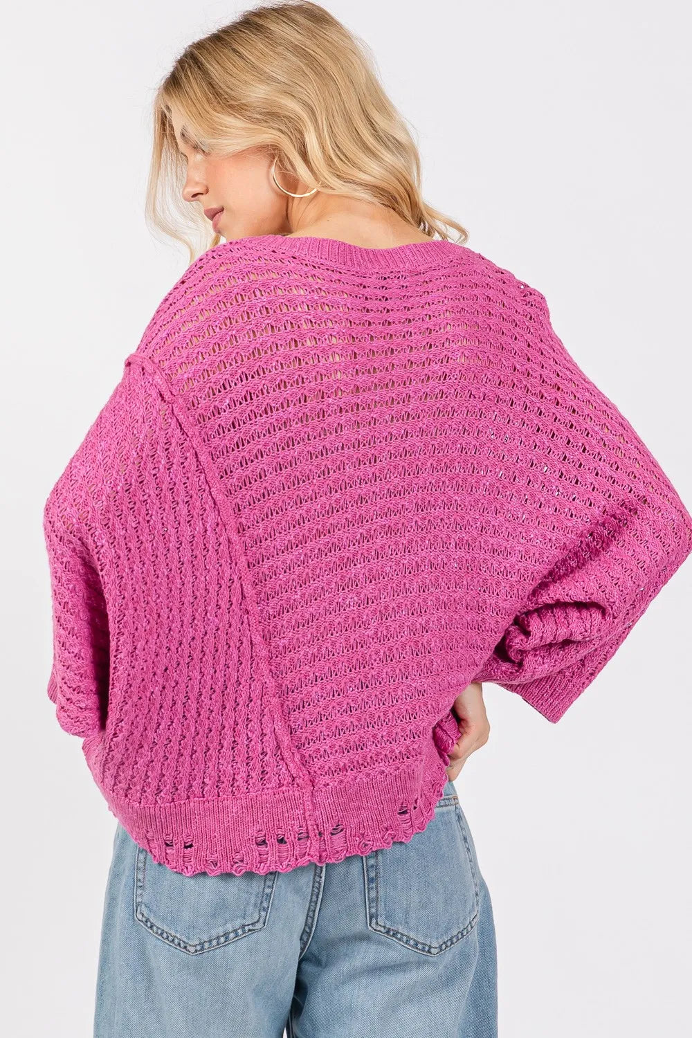 SAGE + FIG Distressed Asymmetrical Open Stitch Sweater - Velora Luxury Fashion