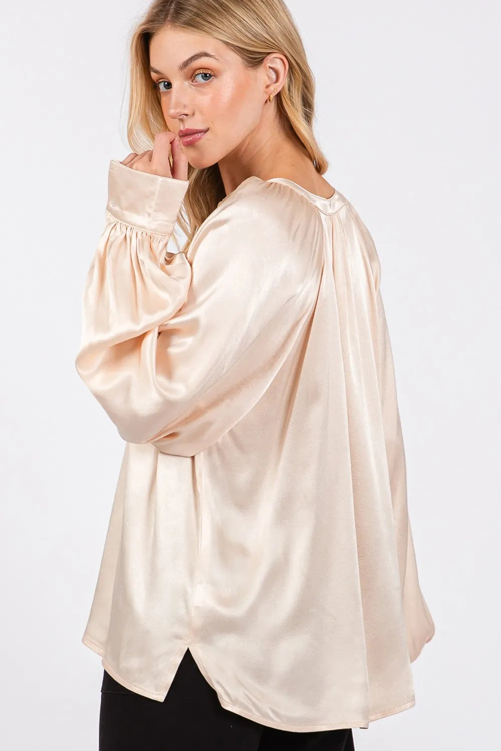 SAGE + FIG Notched Long Sleeve Blouse - Velora Luxury Fashion