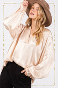 SAGE + FIG Notched Long Sleeve Blouse - Velora Luxury Fashion