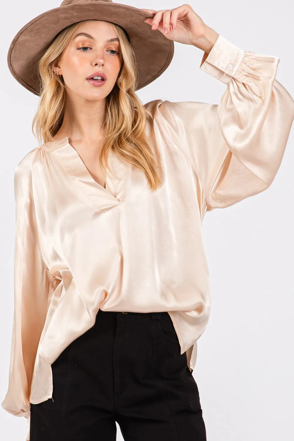 SAGE + FIG Notched Long Sleeve Blouse - Velora Luxury Fashion