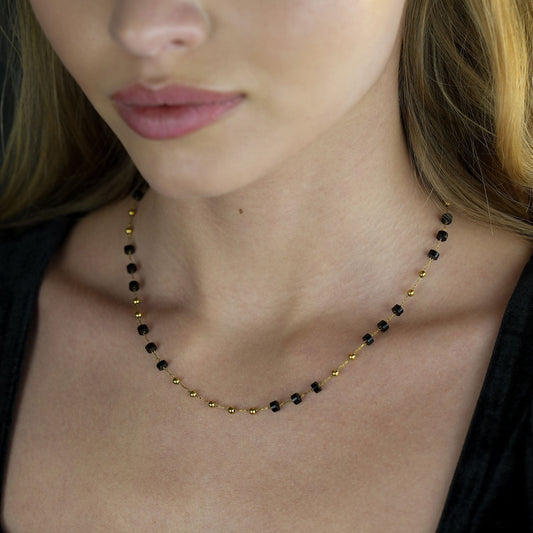 SANTA CRUZ Black: Gold & Black Onyx Beaded Chain Necklace - Velora Luxury Fashion