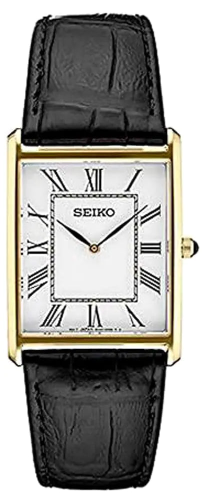 SEIKO SWR052 Watch for Men-Water Resistant with Gold-Tone Stainless Steel Rectangular Case White Dial with Roman Numerals and Black Leather Strap - Velora Luxury Fashion