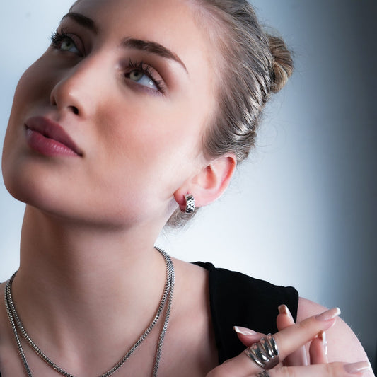 SHELBURNE: Decorative Etched Wide Mini Hoop Earrings in White Gold (Silver Toned) - Velora Luxury Fashion