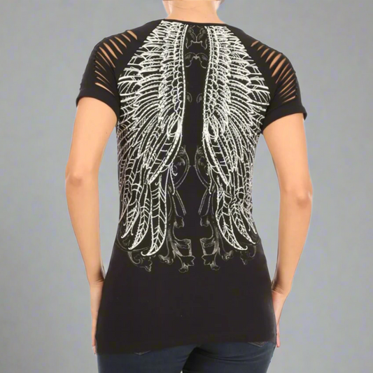 Women's Rhinestone Angel Wing Raglan Top Boutique of Leathers/Open Road