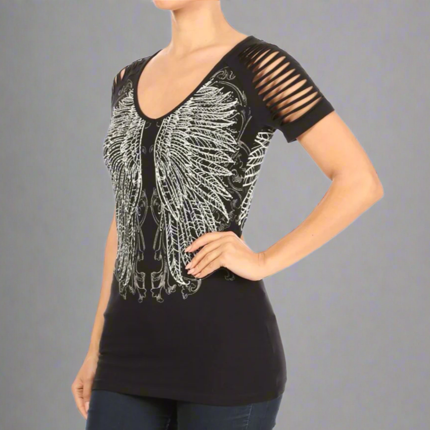 Women's Rhinestone Angel Wing Raglan Top Boutique of Leathers/Open Road
