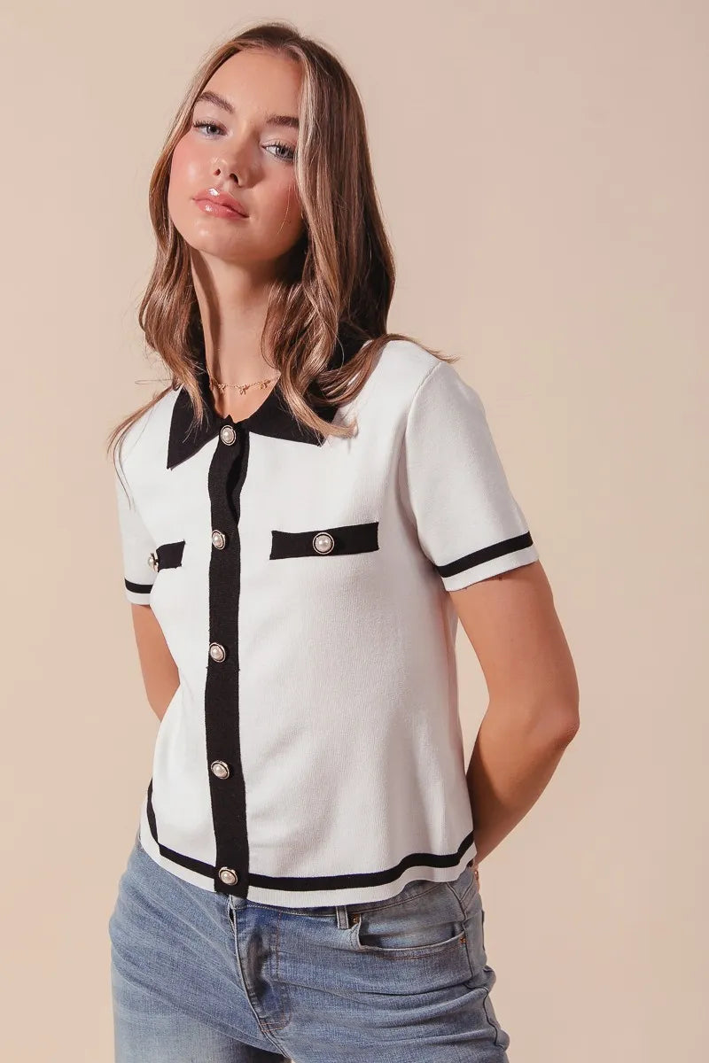 SO ME Button Down Knitted Sweater Shirt Top - Velora Luxury Fashion