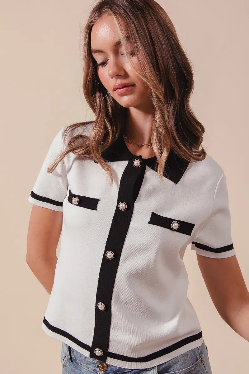 SO ME Button Down Knitted Sweater Shirt Top - Velora Luxury Fashion