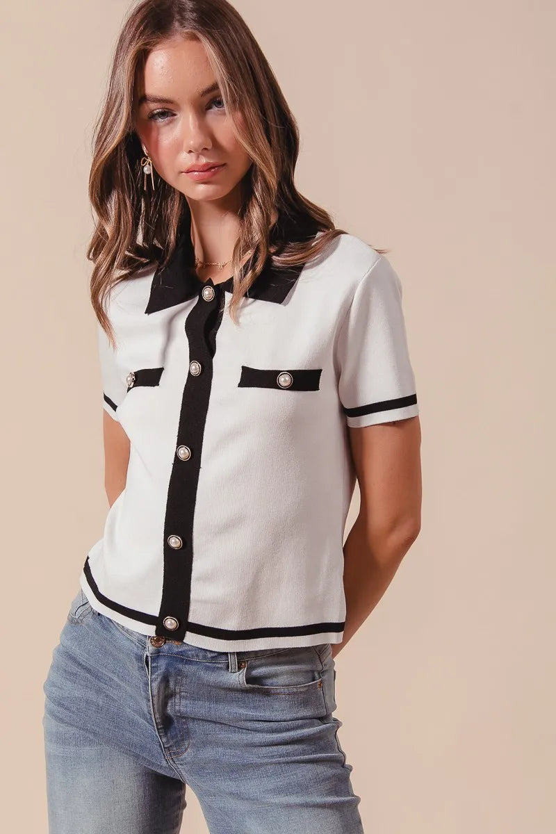 SO ME Button Down Knitted Sweater Shirt Top - Velora Luxury Fashion