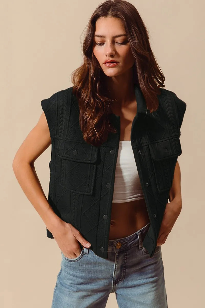 SO ME Cable Quilting Stitch Button Up Knit Vest - Velora Luxury Fashion