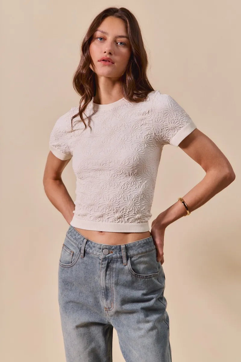 SO ME Floral Patterned Seamless Short Sleeve Top - Velora Luxury Fashion