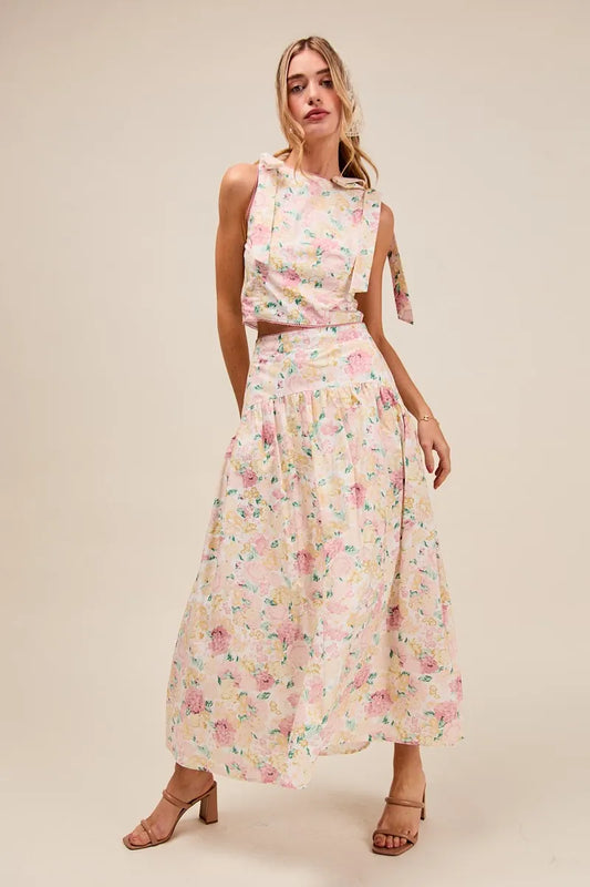 SO ME Floral Printed Woven Shoulder Bow Tie Top and Skirt Set - Velora Luxury Fashion