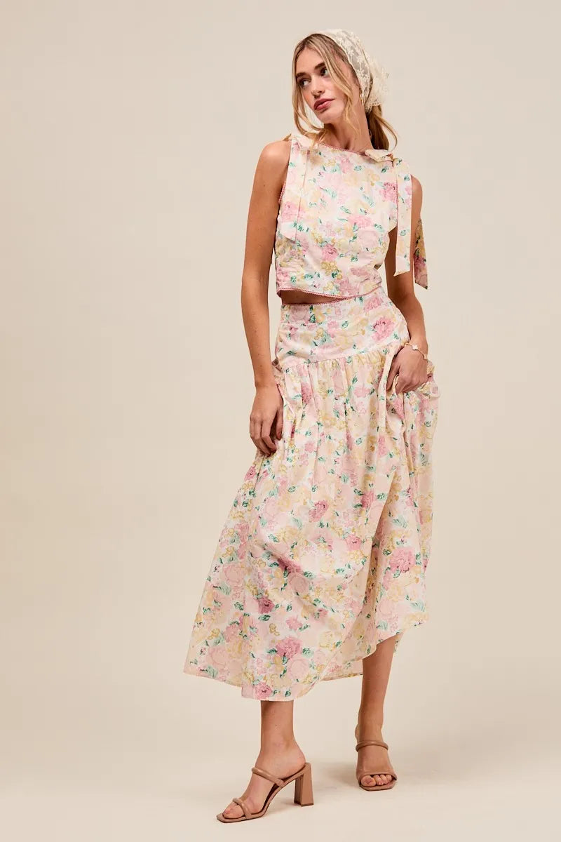 SO ME Floral Printed Woven Shoulder Bow Tie Top and Skirt Set - Velora Luxury Fashion
