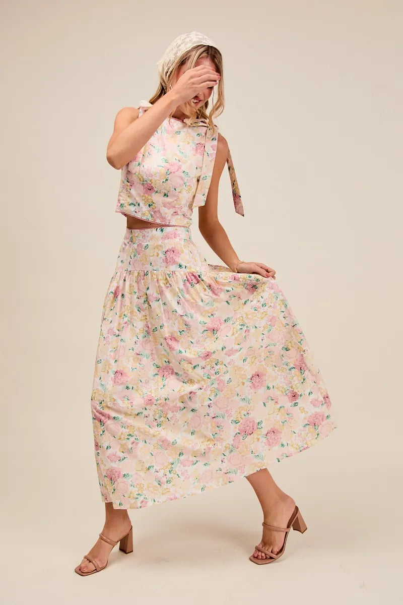 SO ME Floral Printed Woven Shoulder Bow Tie Top and Skirt Set - Velora Luxury Fashion