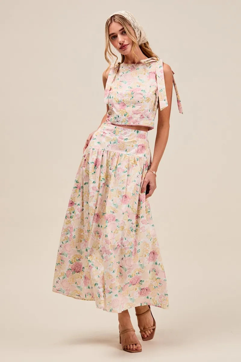 SO ME Floral Printed Woven Shoulder Bow Tie Top and Skirt Set - Velora Luxury Fashion