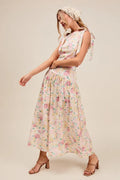 SO ME Floral Printed Woven Shoulder Bow Tie Top and Skirt Set - Velora Luxury Fashion