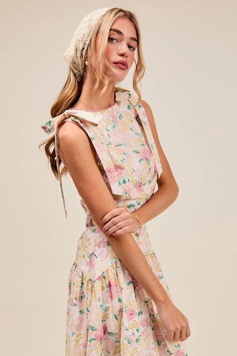 SO ME Floral Printed Woven Shoulder Bow Tie Top and Skirt Set - Velora Luxury Fashion
