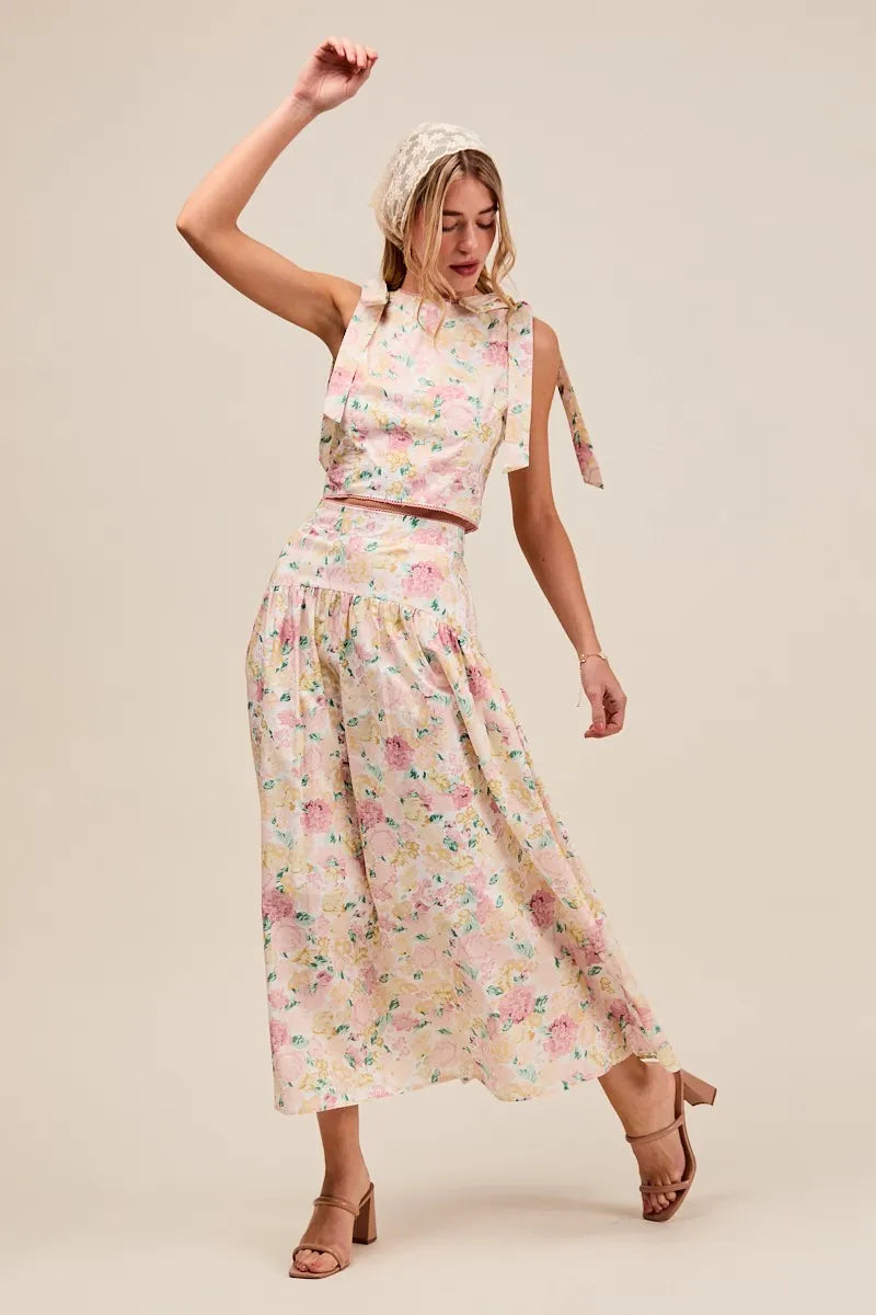 SO ME Floral Printed Woven Shoulder Bow Tie Top and Skirt Set - Velora Luxury Fashion