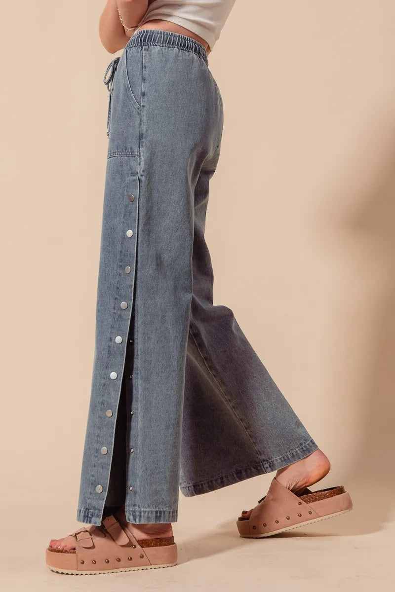 SO ME Mid Rise Drawstring Jeans with Side Snap Button - Velora Luxury Fashion