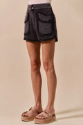 SO ME Mineral Washed Terry High Rise Cargo Shorts - Velora Luxury Fashion