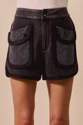 SO ME Mineral Washed Terry High Rise Cargo Shorts - Velora Luxury Fashion