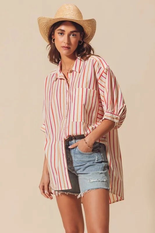SO ME Multicolored Stripe Button Down Shirt - Velora Luxury Fashion