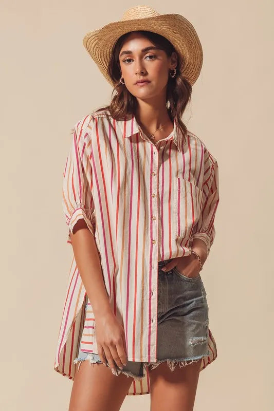 SO ME Multicolored Stripe Button Down Shirt - Velora Luxury Fashion