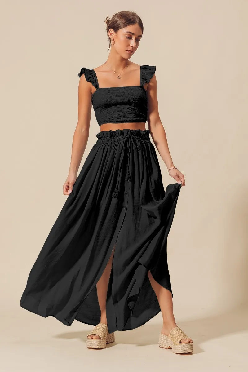 SO ME Smocked Top and Flowy Maxi Skirt Set - Velora Luxury Fashion