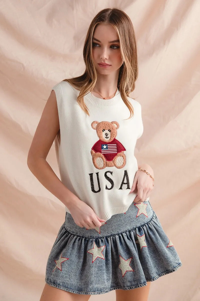 SO ME Teddy Bear Wearing An American Flag With Usa Embroidered Sweater Vest - Velora Luxury Fashion