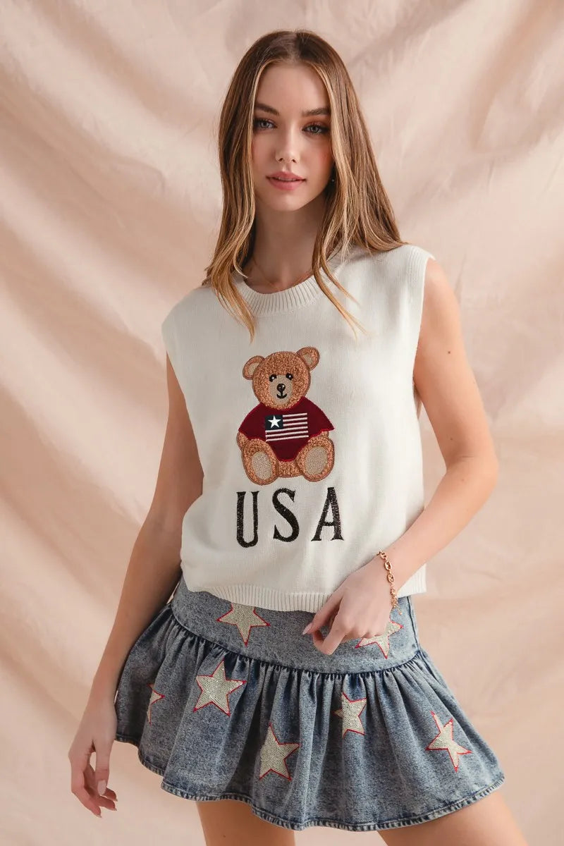 SO ME Teddy Bear Wearing An American Flag With Usa Embroidered Sweater Vest - Velora Luxury Fashion