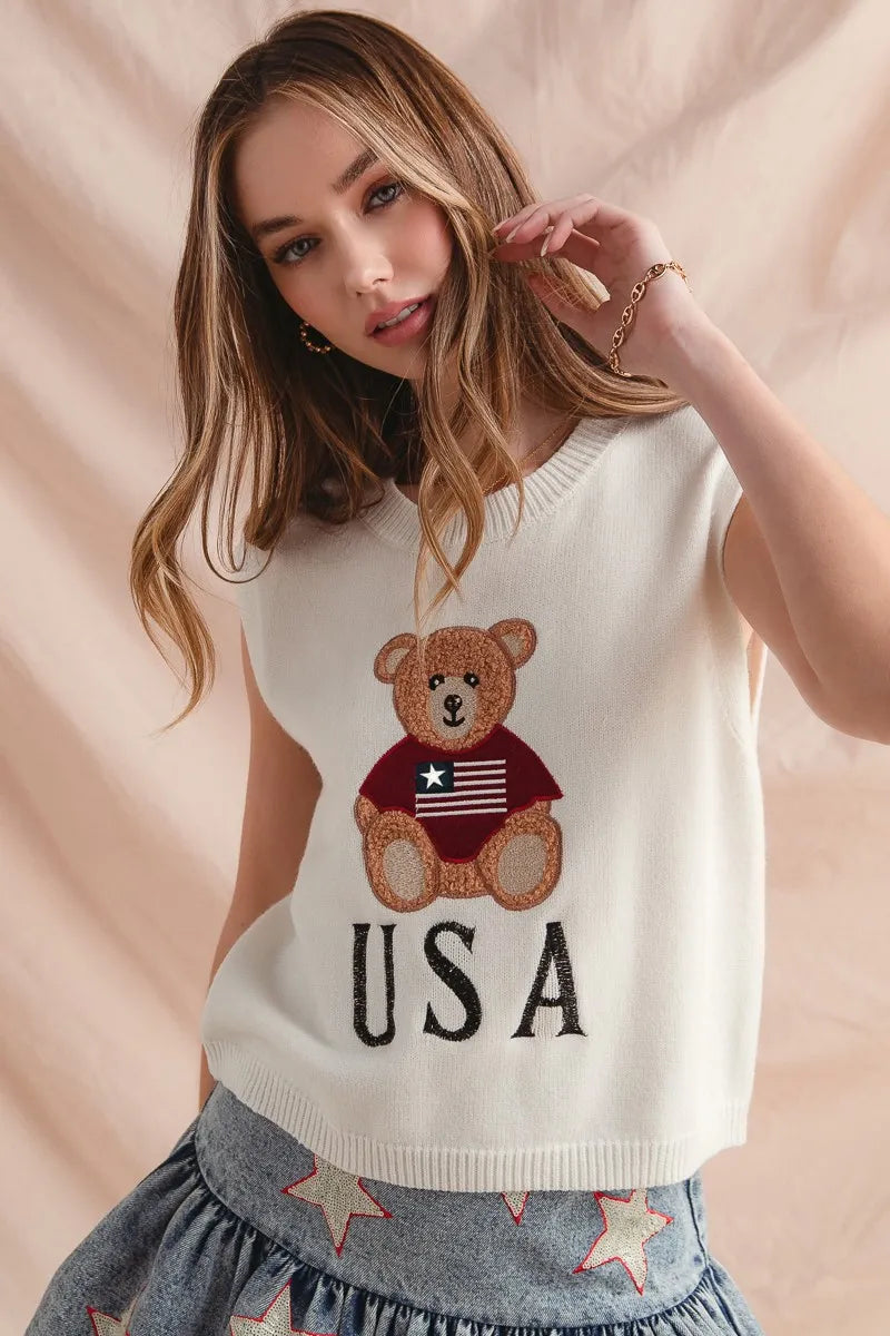 SO ME Teddy Bear Wearing An American Flag With Usa Embroidered Sweater Vest - Velora Luxury Fashion