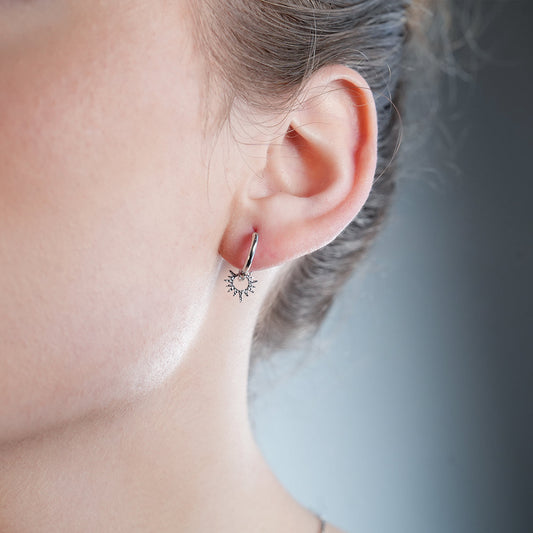 SONNE White Gold (Silver Toned): Vintage Inspired Hoops with Textured Star Charms - Velora
