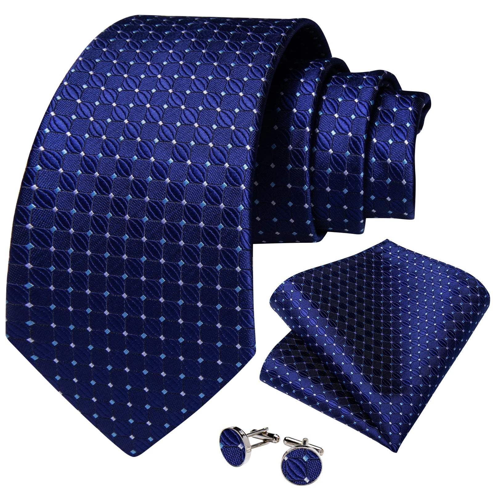 Blue Royal Dot Pliad Mens Tie set with Silver Clip and Ring Business Wedding Party Accessories 8cm Necktie Handkerchief Cufflink Velora