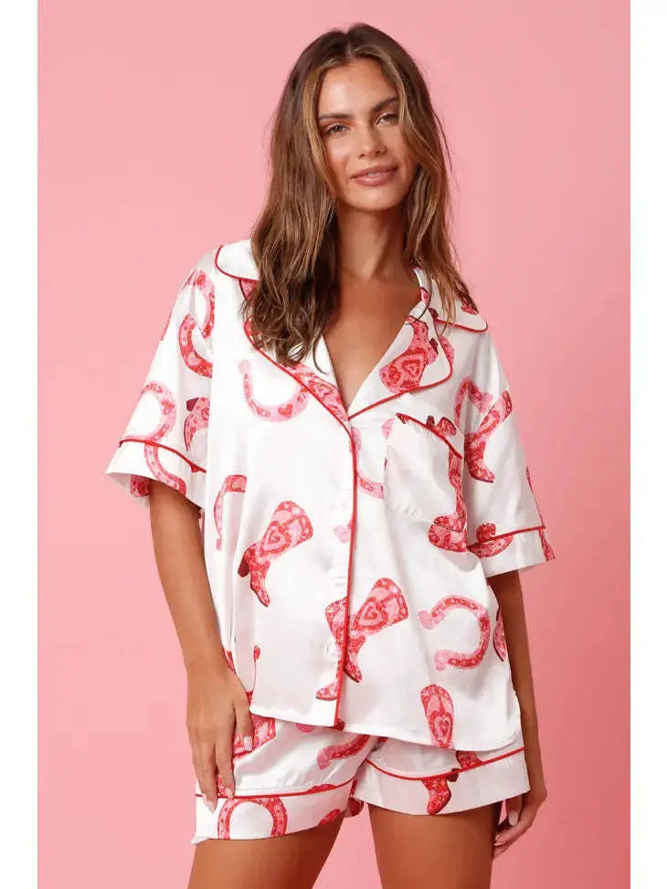 Satin Printed Two-piece Suit Pajamas For Women EX-STOCK Canada