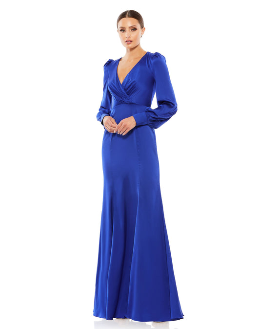 Satin Ruched Bishop Sleeve Gown - Velora Luxury Fashion